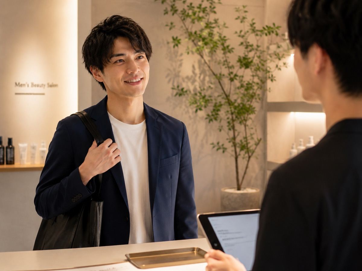 STEP2 笑顔でご来店のお客様とスタッフ｜メンズ脱毛サロンKNIGHT